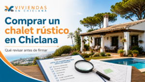 Miniatura de un artículo sobre comprar un chalet rústico en Chiclana, con una vivienda con piscina, documentos, plano y lupa para revisar la compra antes de firmar.