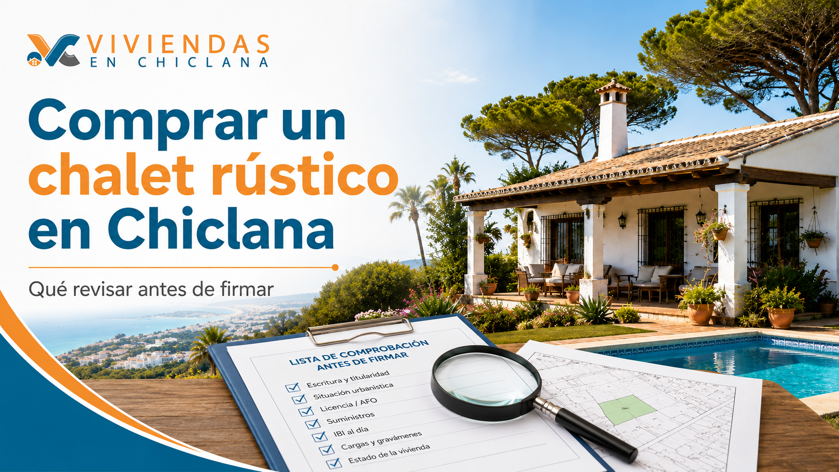 Miniatura de un artículo sobre comprar un chalet rústico en Chiclana, con una vivienda con piscina, documentos, plano y lupa para revisar la compra antes de firmar.