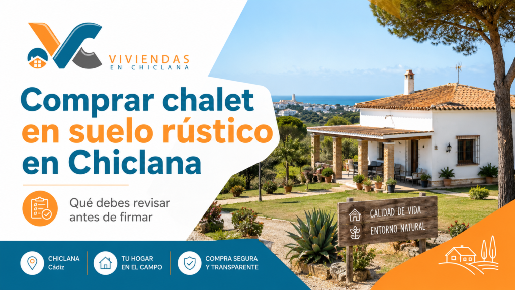 Chalet en suelo rústico en Chiclana con parcela y logo de Viviendas en Chiclana