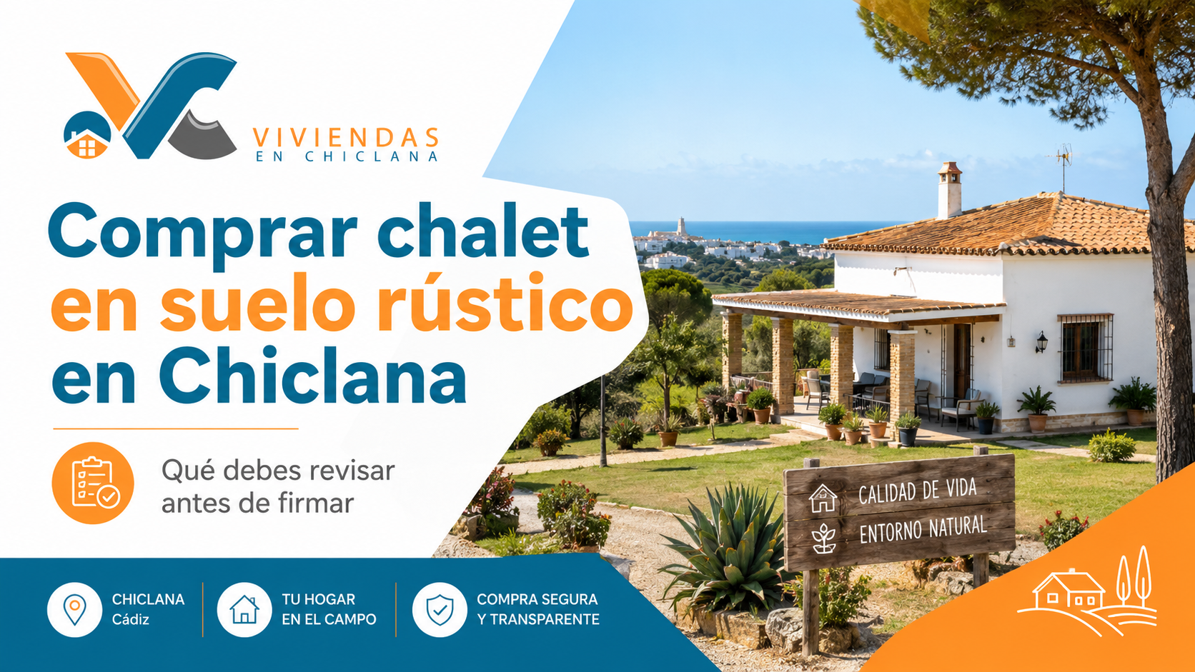 Chalet en suelo rústico en Chiclana con parcela y logo de Viviendas en Chiclana